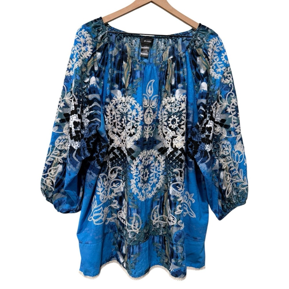 Ali Miles Women 2X Top Embroidered Blue Abstract Artsy Lagenlook 3/4 Sleeve